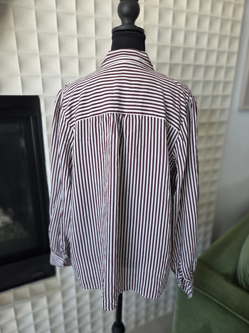 Maeve Anthropologie Tie-Neck Blouse Maroon Brown & White Vertical Stripes Large - Picture 7 of 11
